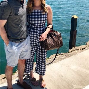 Navy gingham overall jumpsuit